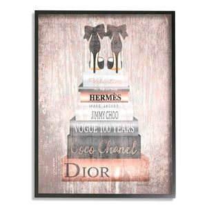 L@@K! NWD Large 16"x20" Wood Canvas~Book Stack Heels Pink Framed Giclee Art